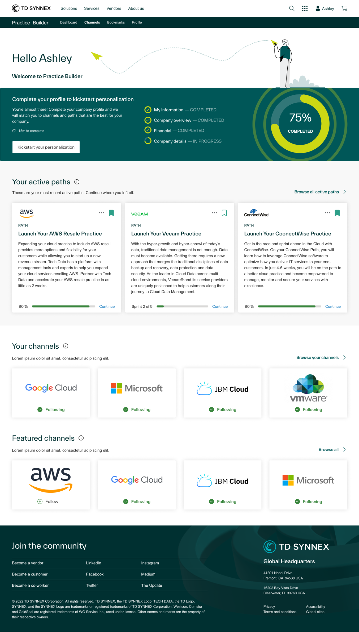 Practice Builder personalized dashboard showing learning progress and channels